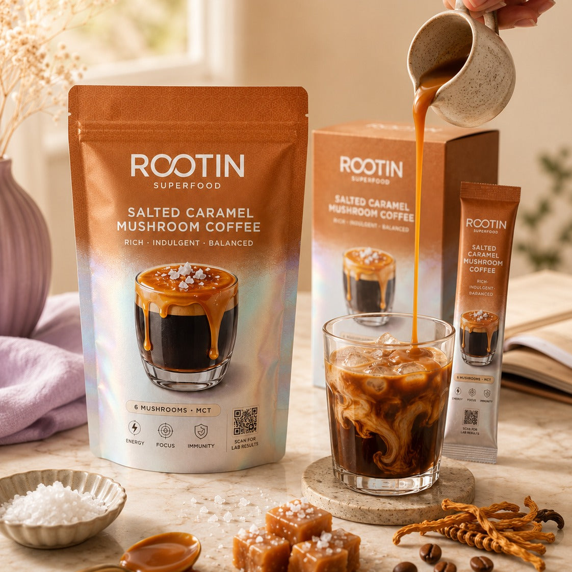 Pouring an iced ROOTIN Salted Caramel mushroom coffee