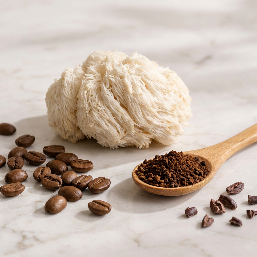 Lion's mane mushroom, coffee beans and powder
