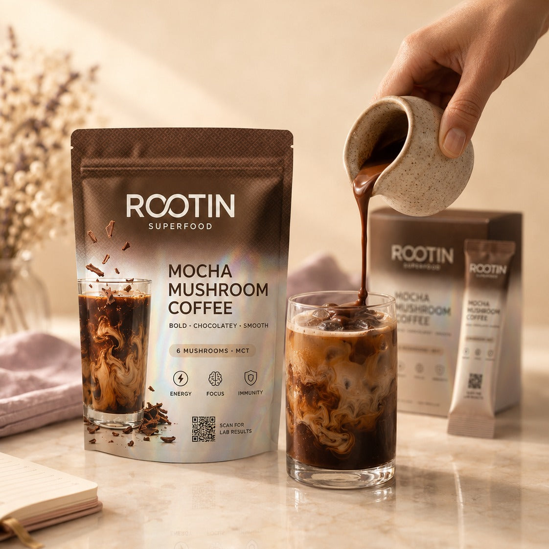 Pouring an iced ROOTIN Mocha mushroom coffee