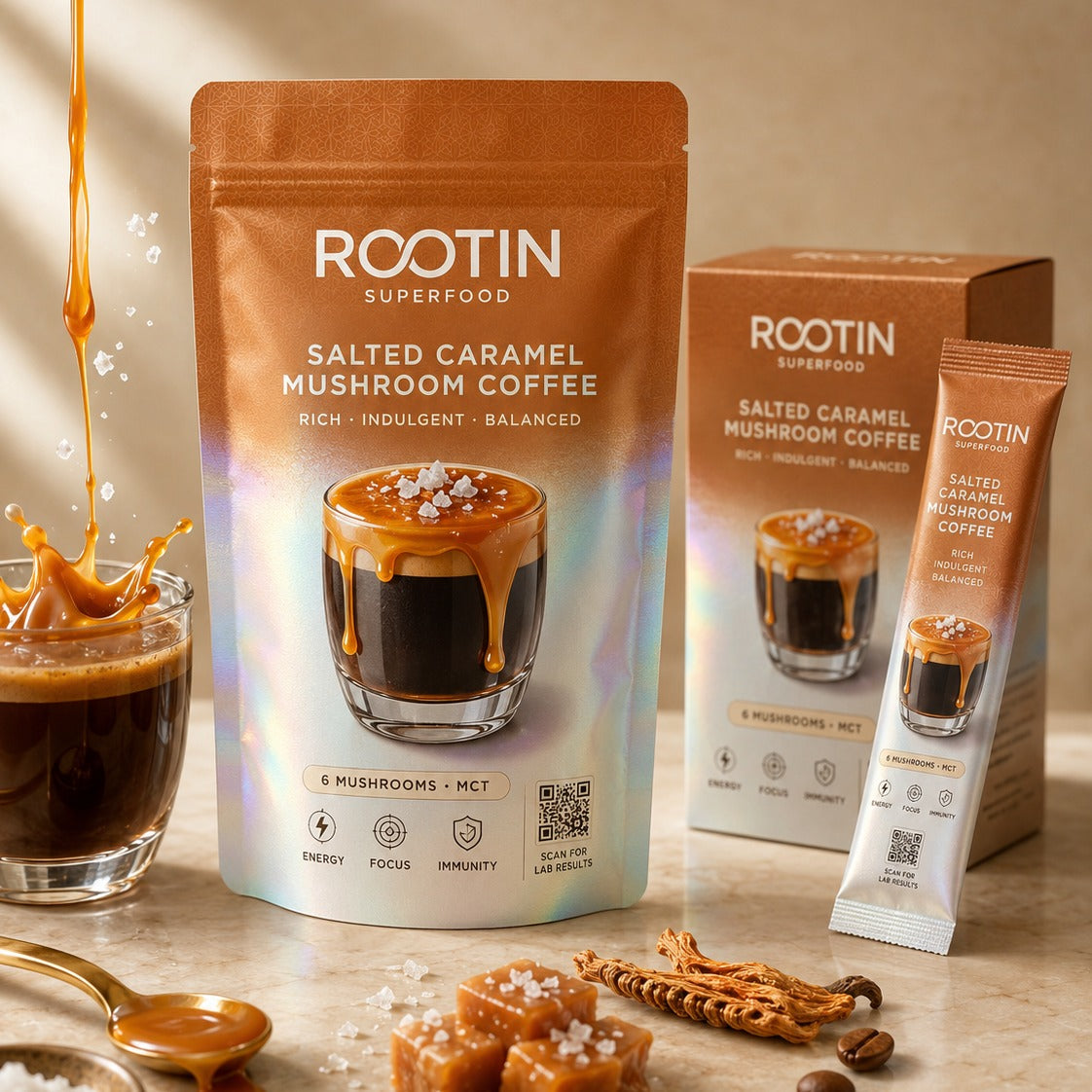 ROOTIN Salted Caramel Mushroom Coffee pouch, box and sachet