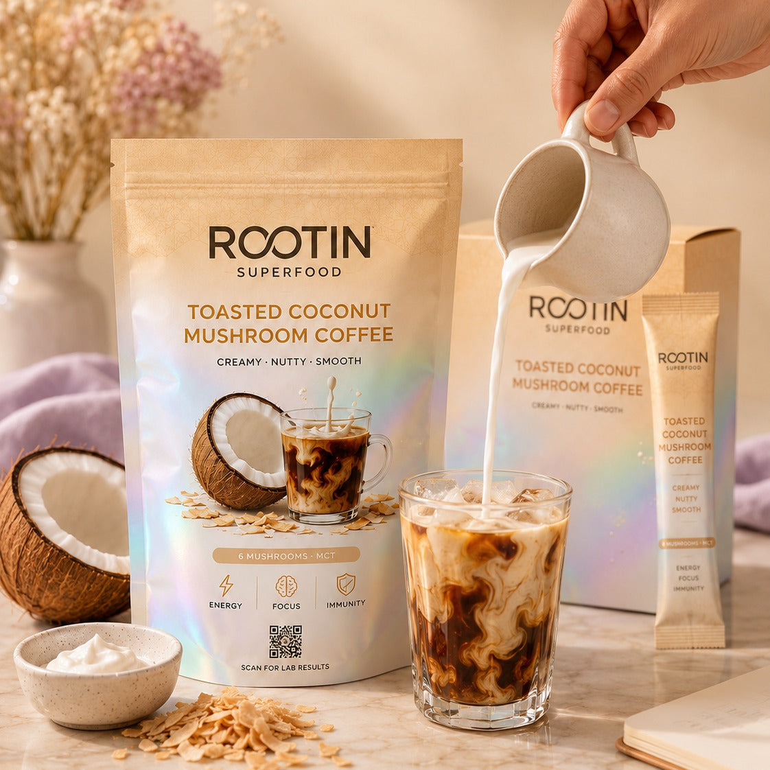 Pouring an iced ROOTIN Toasted Coconut mushroom coffee