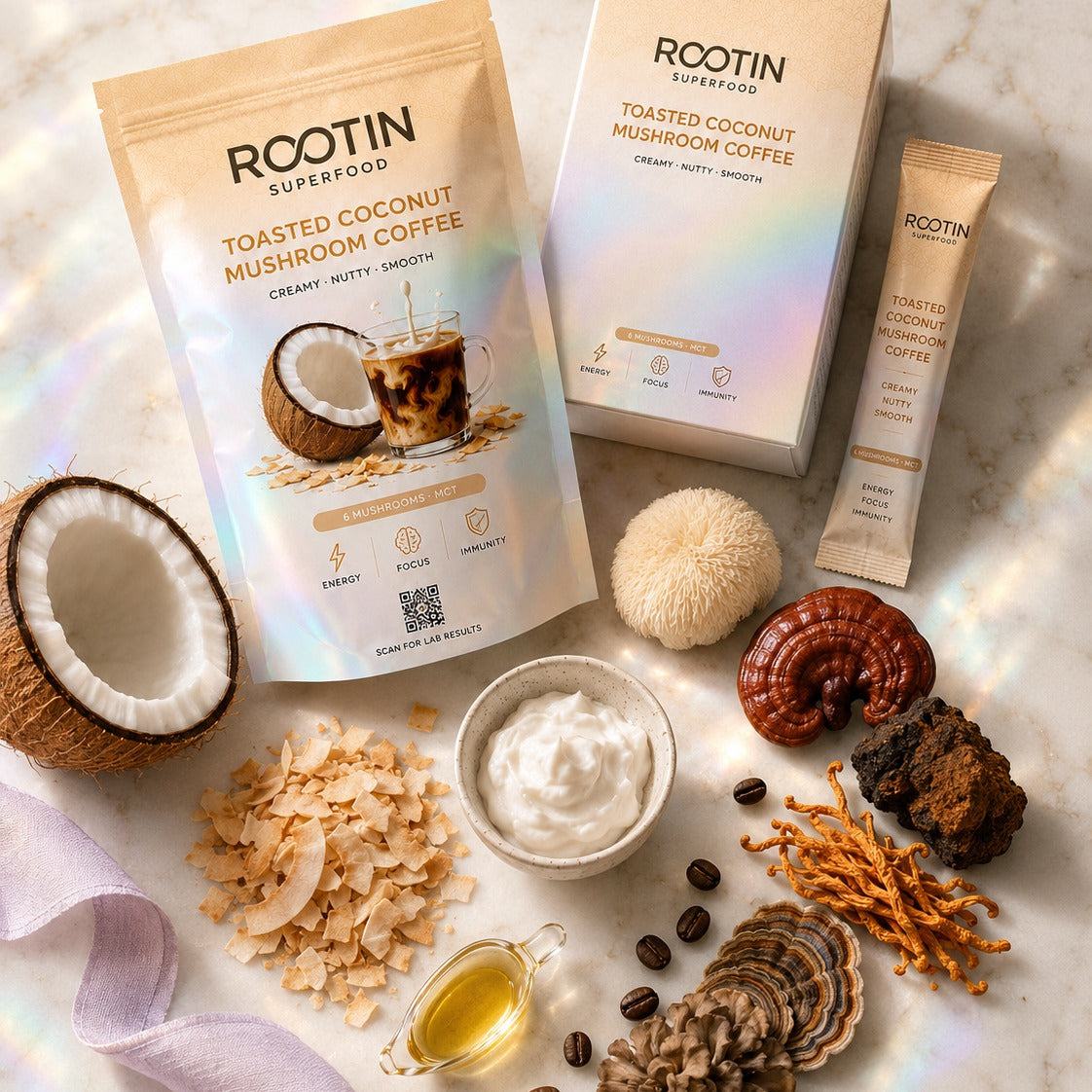 ROOTIN Toasted Coconut with the 6 functional mushrooms and MCT