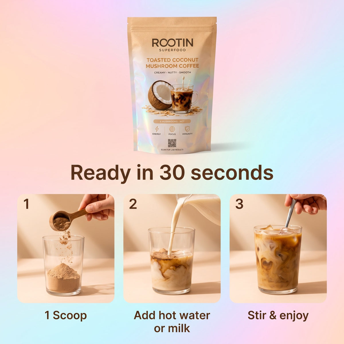 Ready in 30 seconds — scoop, add water or milk, stir
