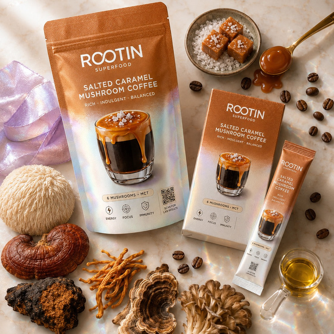 ROOTIN Salted Caramel with the 6 functional mushrooms and MCT
