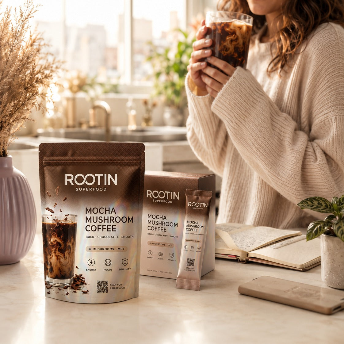 ROOTIN Mocha mushroom coffee morning ritual