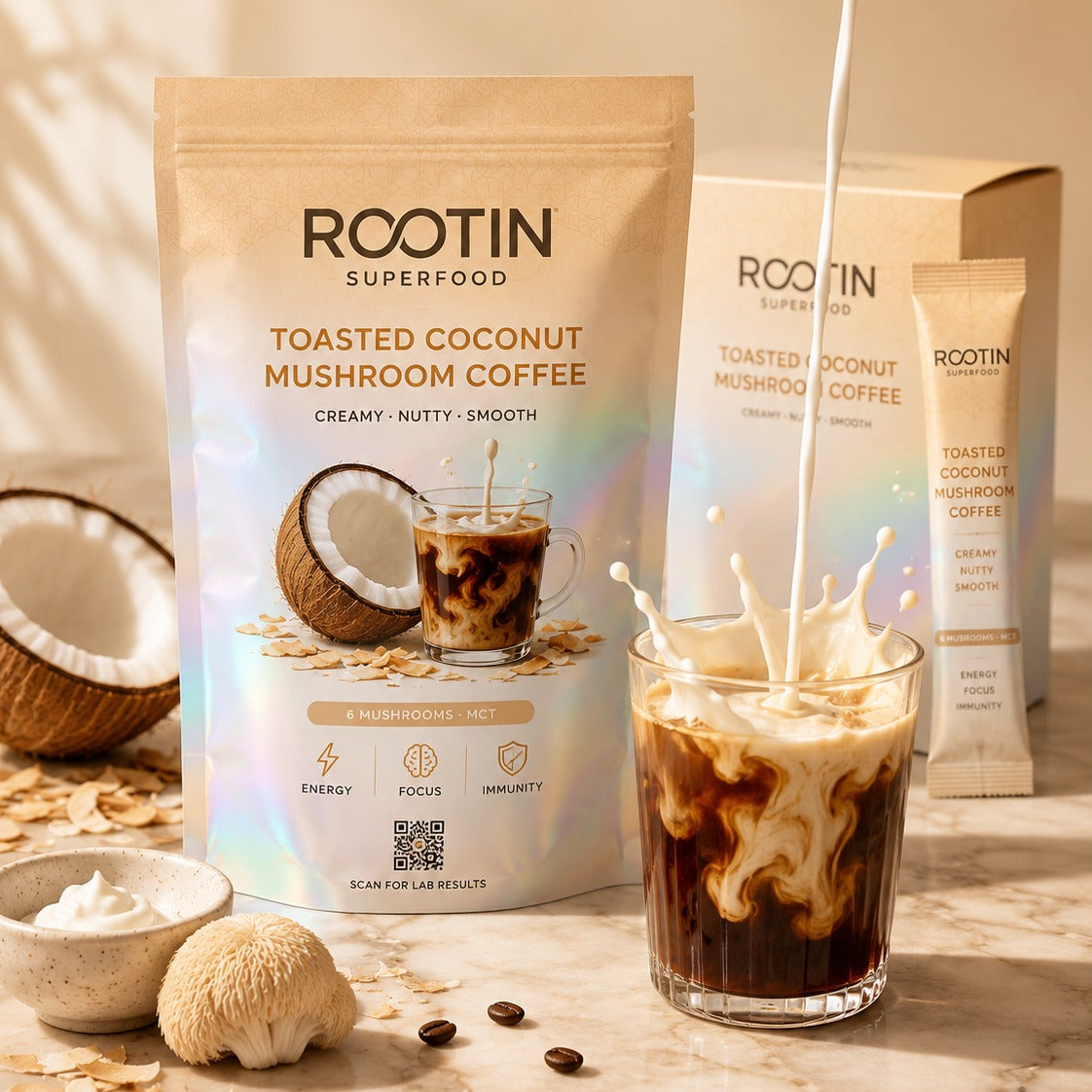 ROOTIN Toasted Coconut Mushroom Coffee pouch, box and sachet