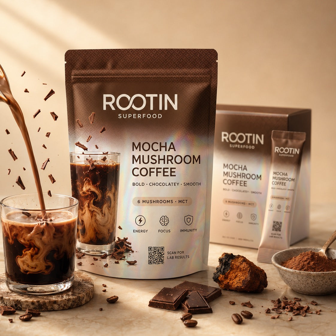 ROOTIN Mocha Mushroom Coffee pouch, box and sachet