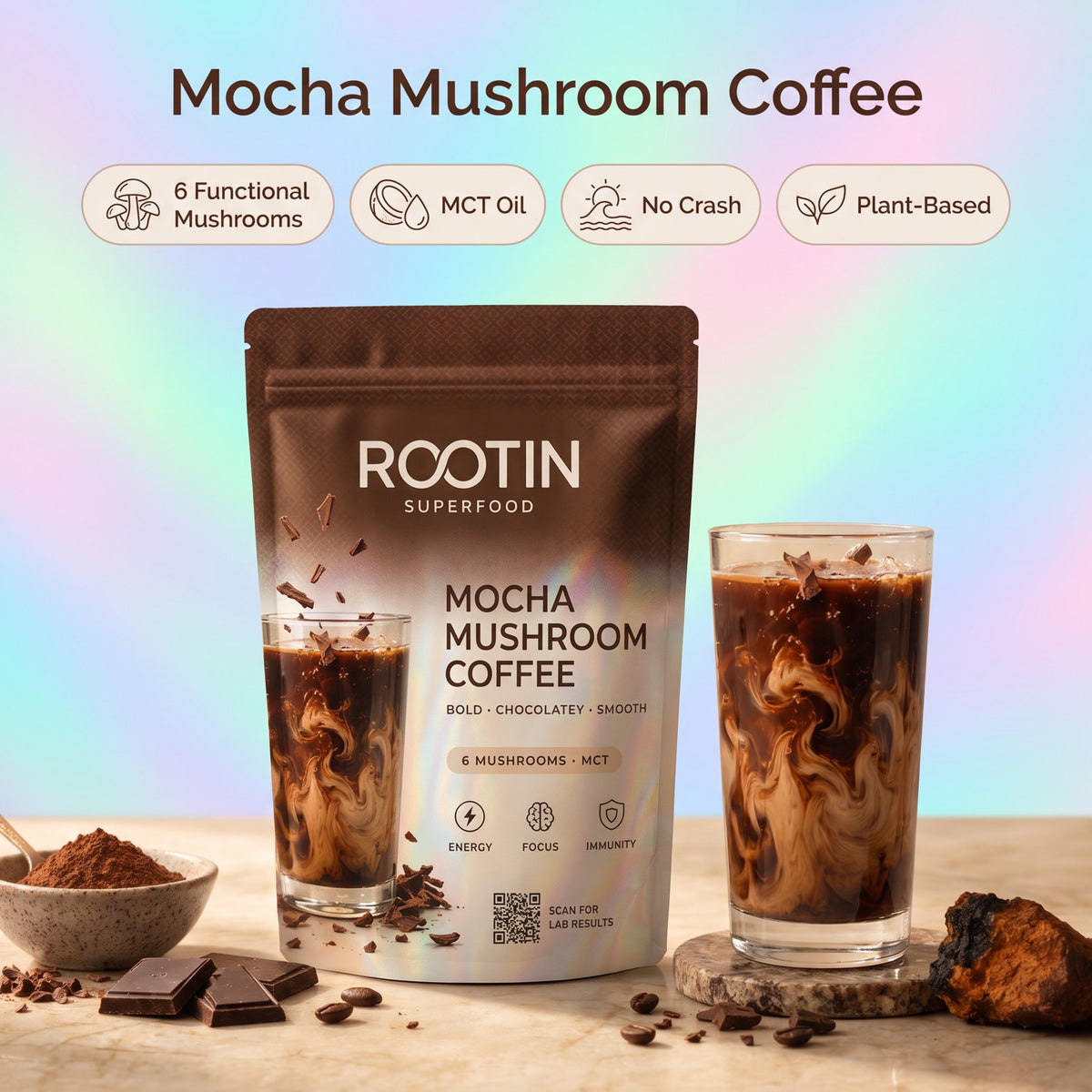 Mocha Mushroom Coffee — 6 Functional Mushrooms, MCT Oil, No Crash, Plant-Based
