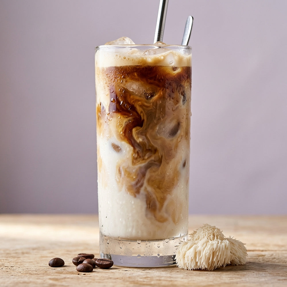 Iced RootIn mushroom latte close-up