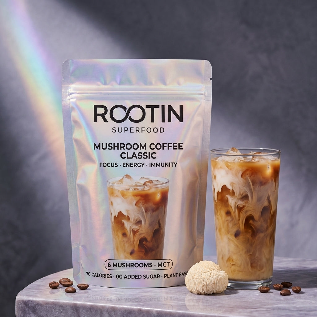 RootIn Mushroom Coffee hero with iced latte