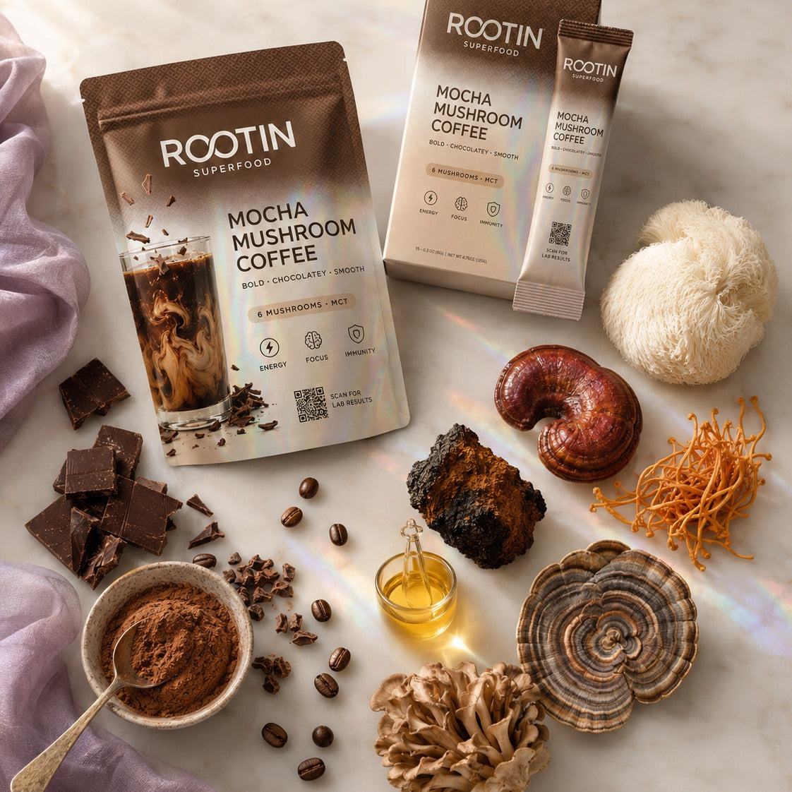 ROOTIN Mocha with the 6 functional mushrooms and MCT