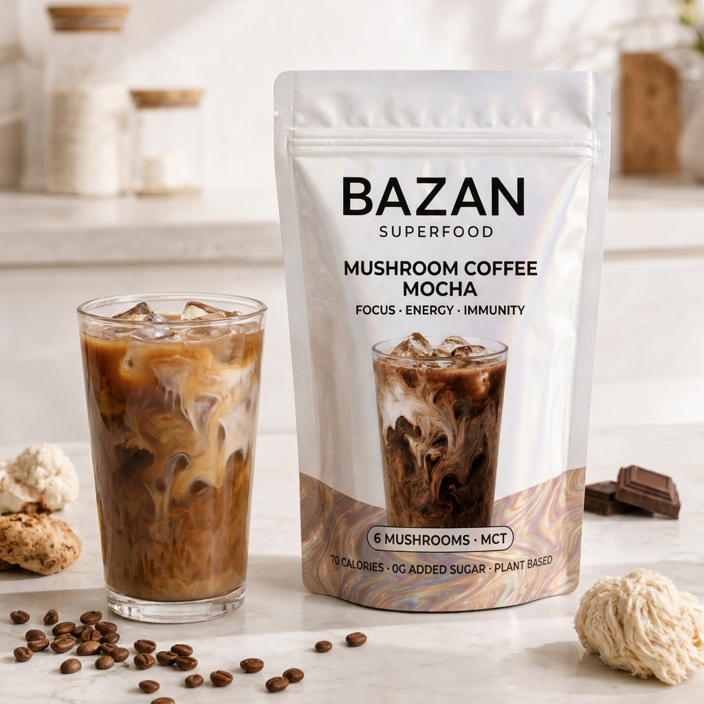 Bazan Mushroom Coffee Mocha pouch with iced mocha
