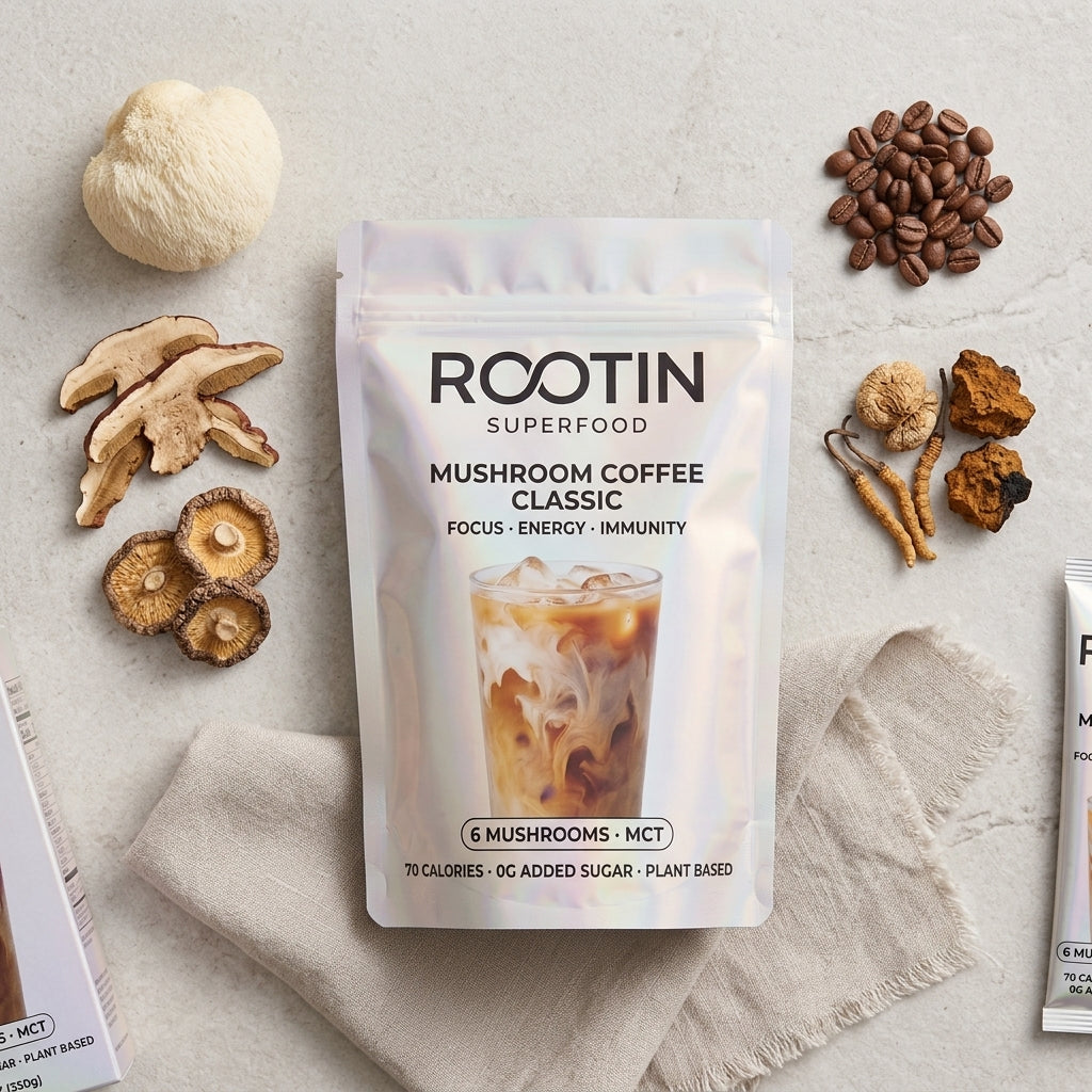 RootIn flat-lay with mushrooms and beans
