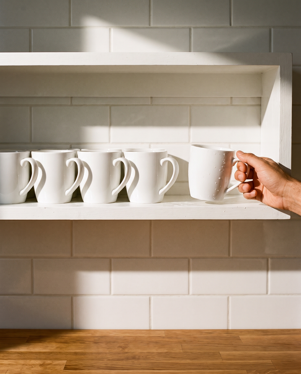 SIX MUGS.<br>ONE TABLE.