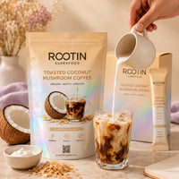 Pouring an iced ROOTIN Toasted Coconut mushroom coffee