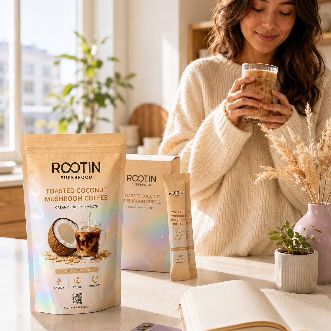 ROOTIN Toasted Coconut mushroom coffee morning ritual